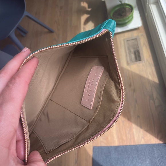 K. Slade Teal Genuine lamb leather Vale pouch, wristlet, and pink Pom tassel. - Picture 4 of 7